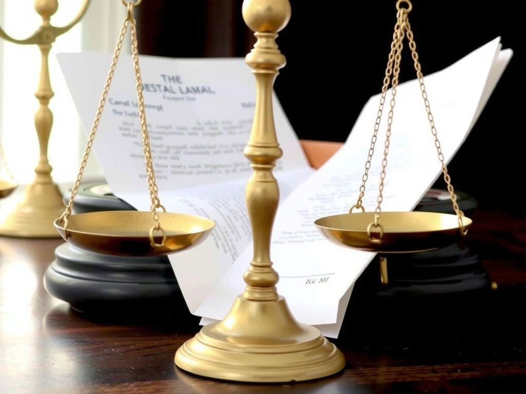 Bilancia della giustizia con documenti legali, simboleggiando l'equilibrio tra diritti e responsabilità legali.
